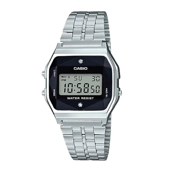 Casio (Japan Made) Authentic Diamonds Vintage Digital Silver Stainless Steel Band Watch A159WAD-1D A159WAD-1