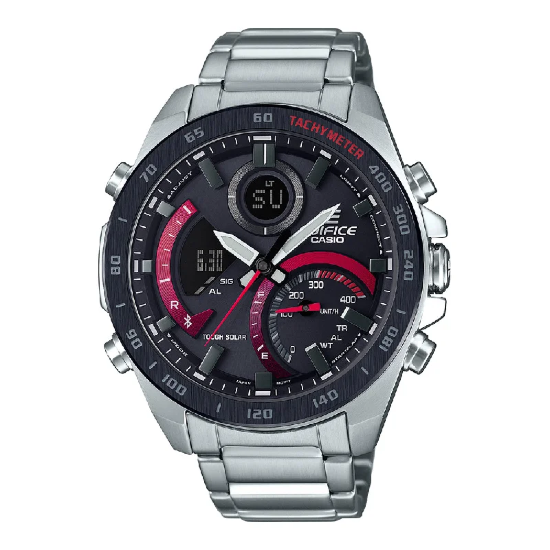 Casio Edifice ECB-900DB-1ADR Black & Red Analog-Digital Dial Silver Stainless Steel Band Men's Watch Smartphone Link World Time EX499