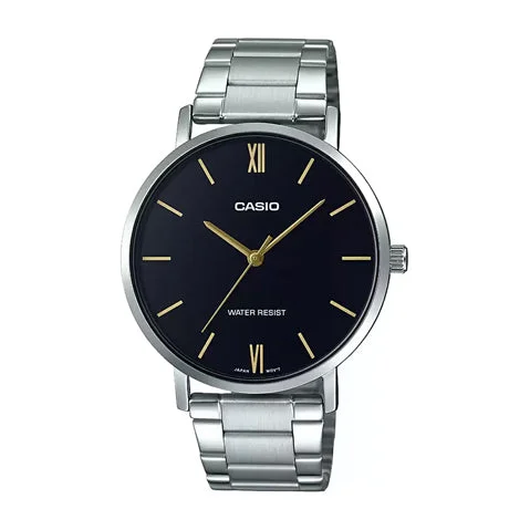 Casio MTP-VT01D-1B Men's Stainless Steel Minimalistic Black Dial 3-Hand Analog Watch A1612