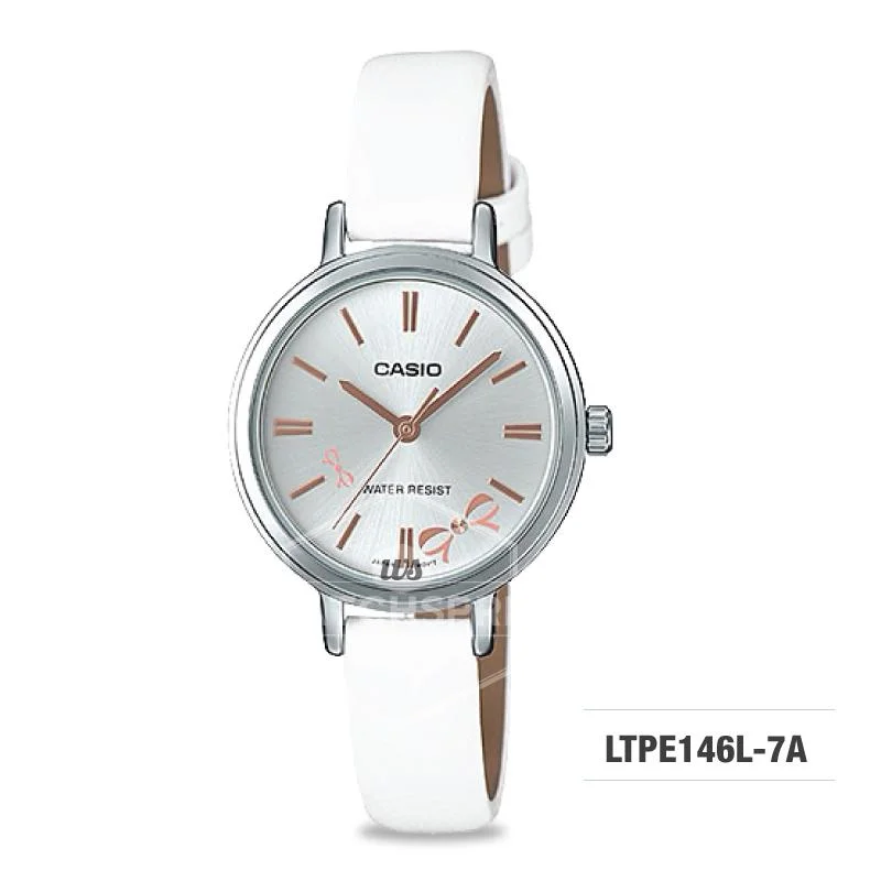 Casio Ladies' Fashion Standard Analog White Leather Strap Watch LTPE146L-7A LTP-E146L-7A