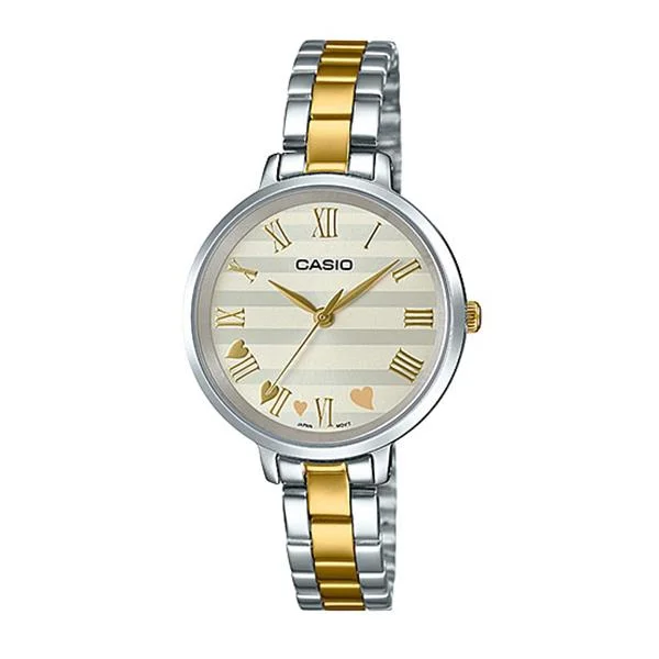 Casio Ladies' Analog Two Tone Gold Ion Plated Stainless Steel Band Watch LTPE160SG-9A LTP-E160SG-9A