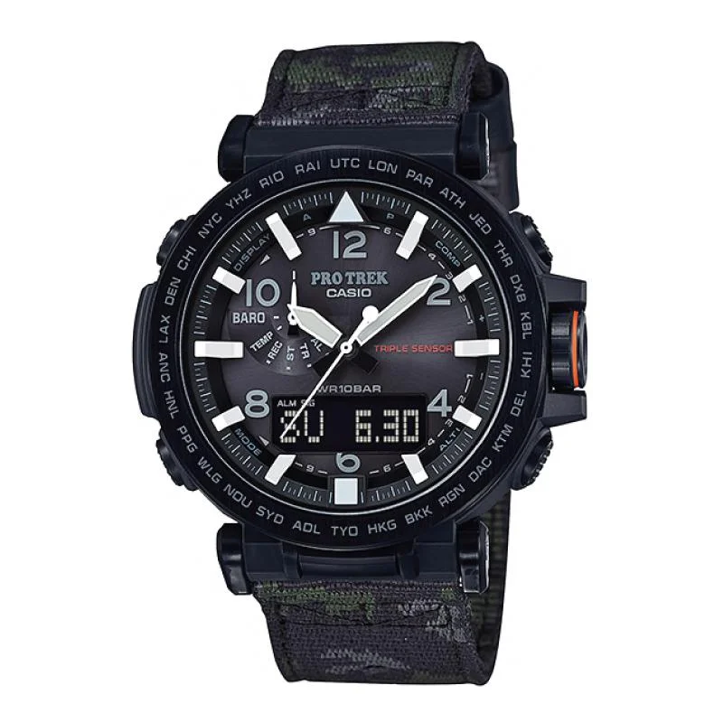 Casio Pro Trek PRG-650 Series Triple Sensor Version 3 Tough Solar Camouflage Printed Cloth Band Watch PRG650YBE-3D PRG-650YBE-3D