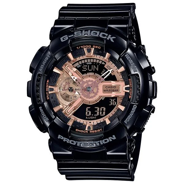 Casio G-Shock Metallic Accent Color Rose Gold Series Glossy Black Resin Band Watch GA110MMC-1A GA-110MMC-1A