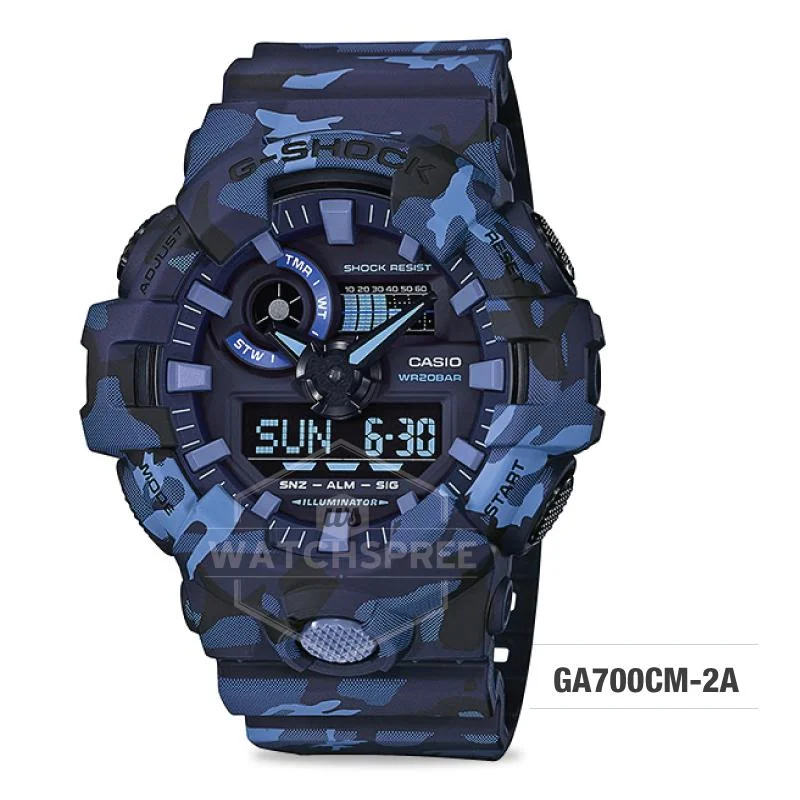 Casio G-Shock Special Color Model Navy Blue Camouflage Resin Band Watch GA700CM-2A GA-700CM-2A