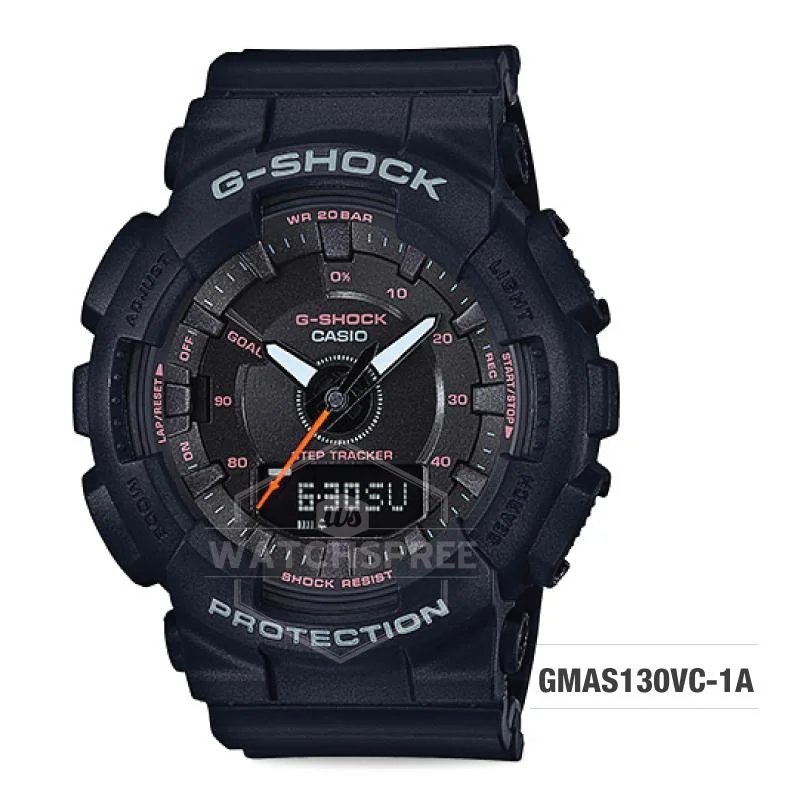 Casio G-Shock S Series Step Tracker Black Resin Band Watch GMAS130VC-1A GMA-S130VC-1A