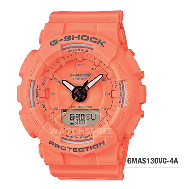 Casio G-Shock S Series Step Tracker Orange Resin Band Watch GMAS130VC-4A GMA-S130VC-4A