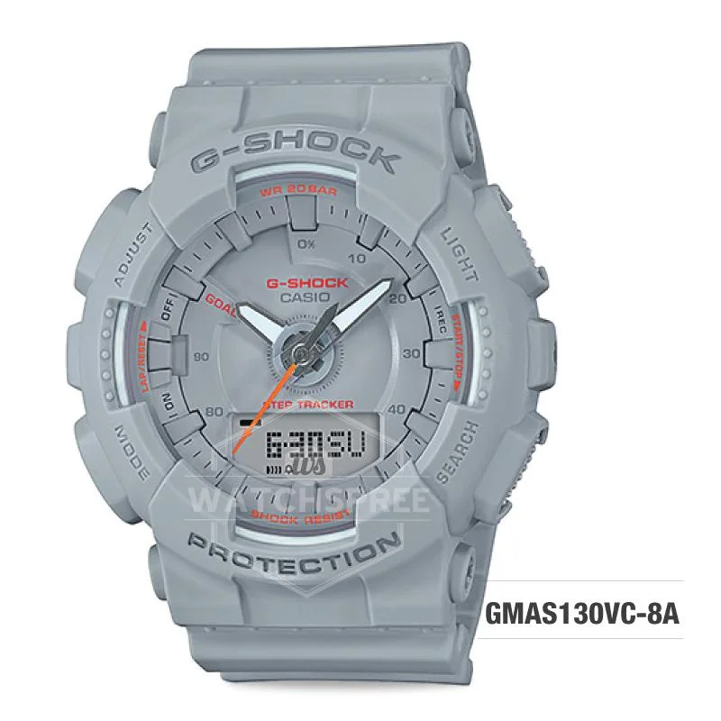 Casio G-Shock S Series Step Tracker Grey Resin Band Watch GMAS130VC-8A GMA-S130VC-8A