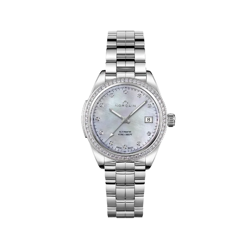 NORQAIN Adventure Sport Mother of Pearl with Diamond Bezel 37mm - Stainless Steel Bracelet