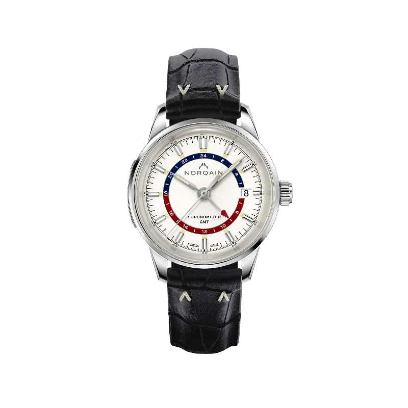 NORQAIN Freedom 60 GMT White 40mm - Black Croco-Style Rubber Strap