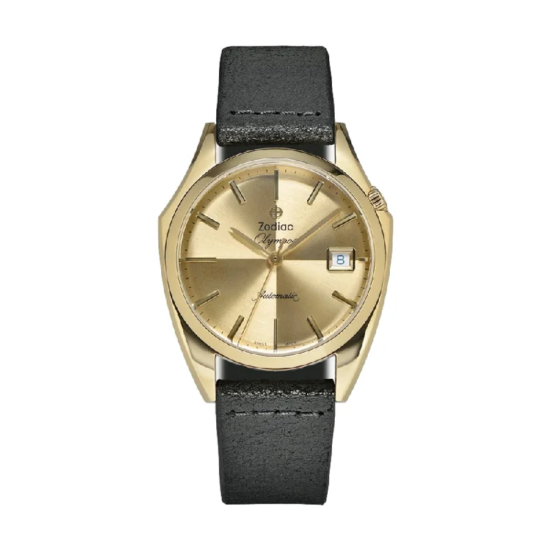 Olympos Automatic Black Leather Strap Gold Tone